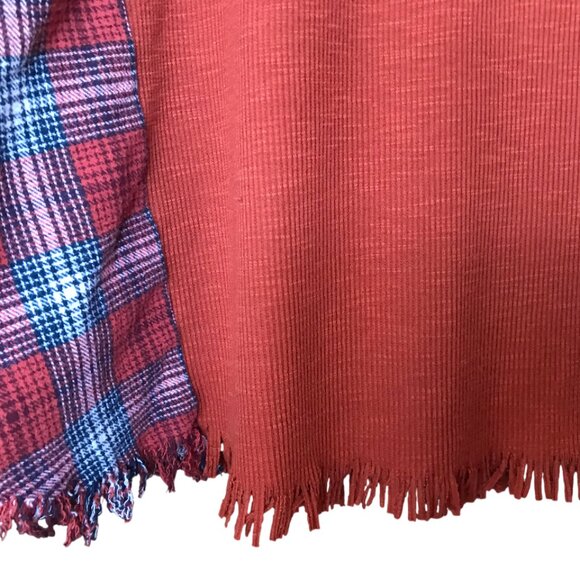 Reworked Flannel Shirt, M-L: Upcycled Oversized Rust Waffle Knit Top, Fringy Hem - Picture 5 of 13